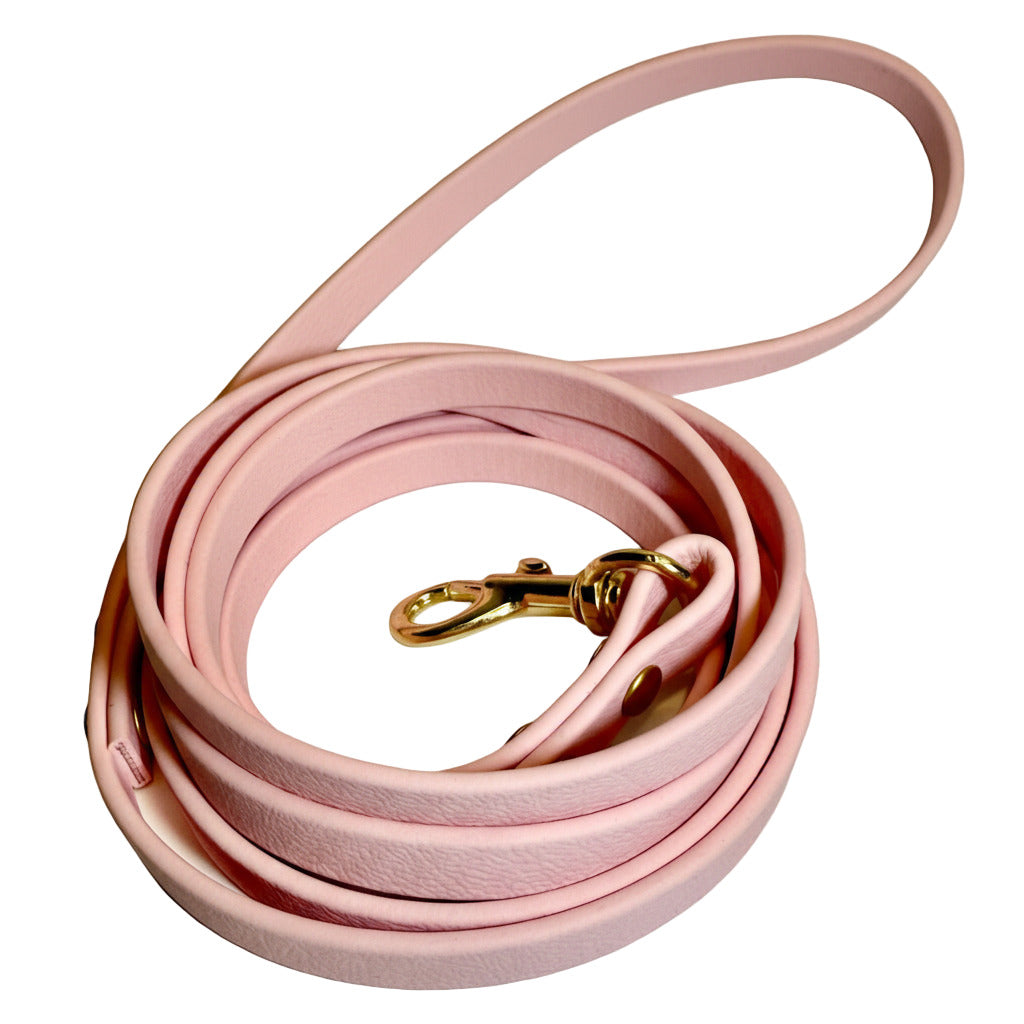 Pink dog leash with a gold clasp on a beige background
