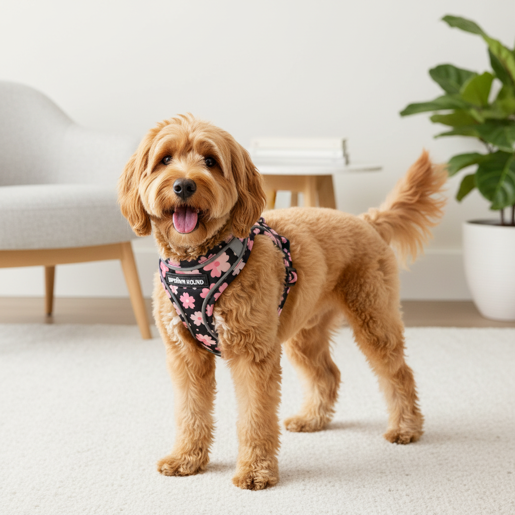 Cockapoo wearing Uptown Hound floral harness