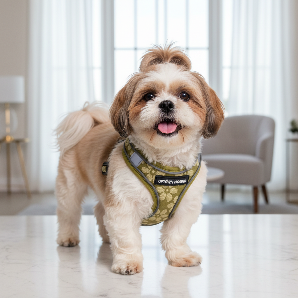 Shih Tzu wearing Uptown Hound harness ad