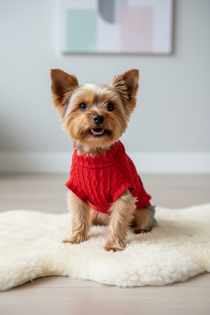 Yorkshire terrier wearing red textured tee