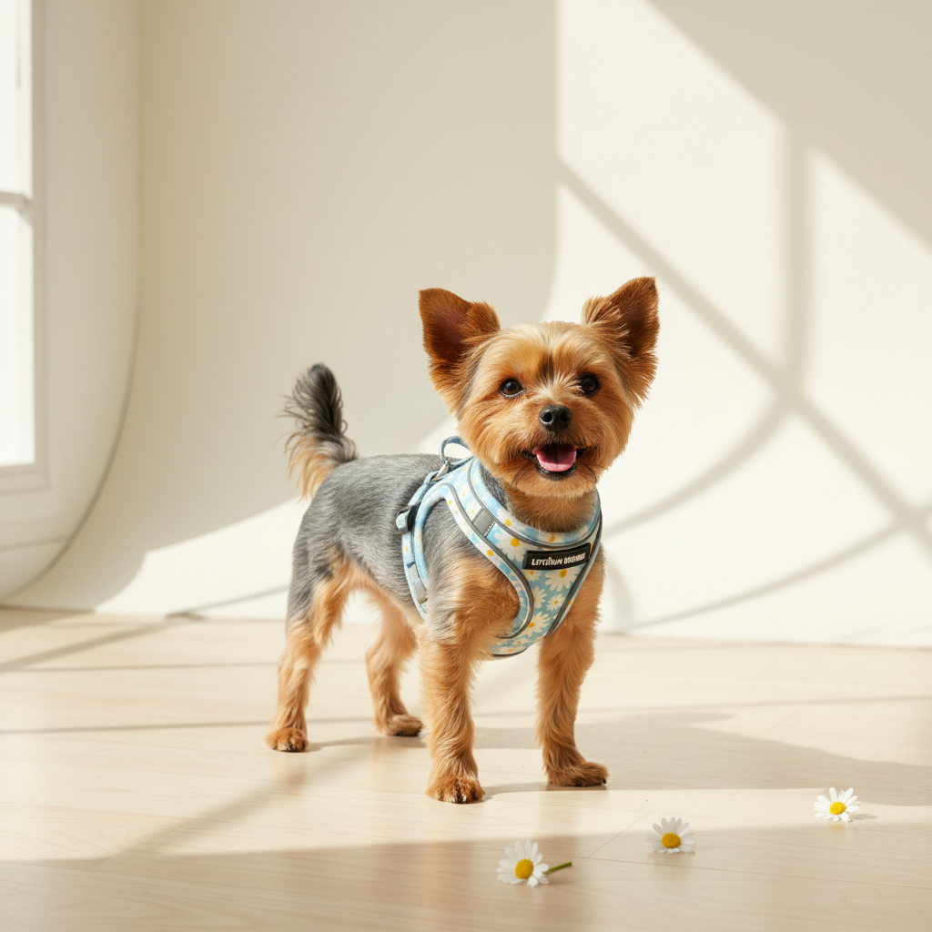 Yorkshire terrier wearing Uptown Hound daisy harness