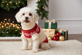 Cute dog wearing the white holiday sweater