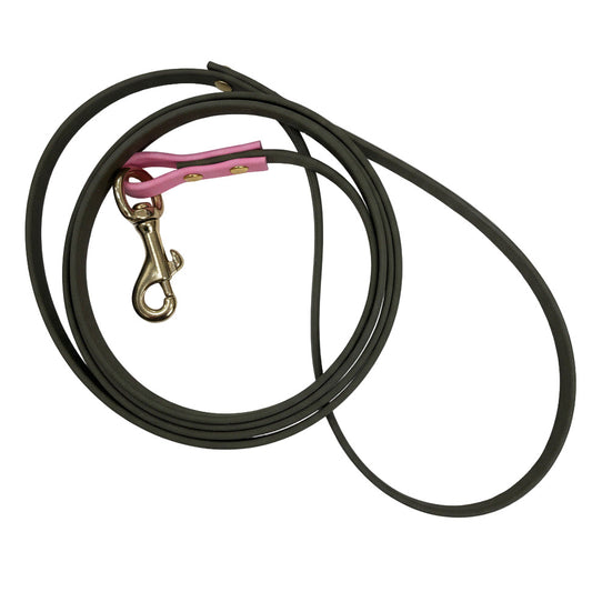 Black leather dog leash with pink handle on a white background