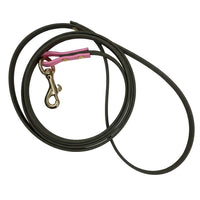Black leather dog leash with pink handle on a white background