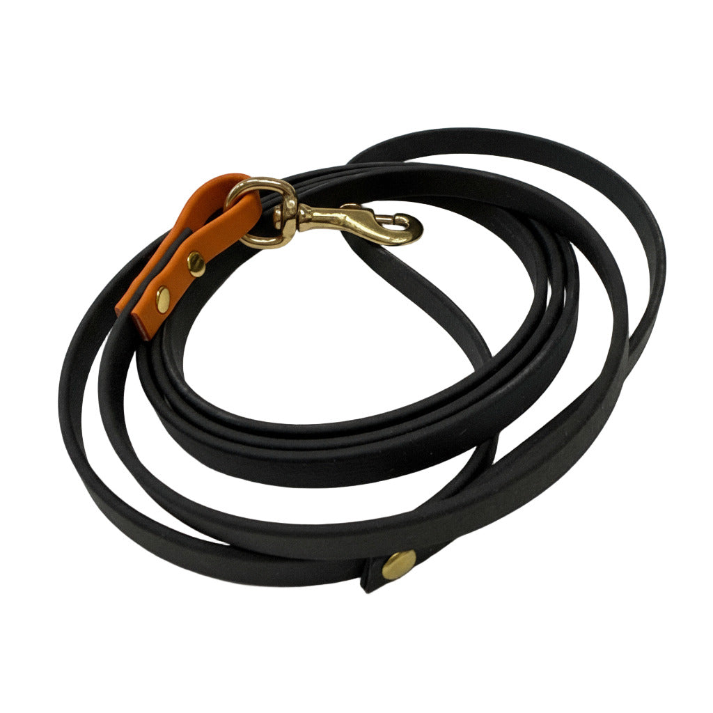 Black leather dog leash with gold hardware and an orange handle on a light gray background