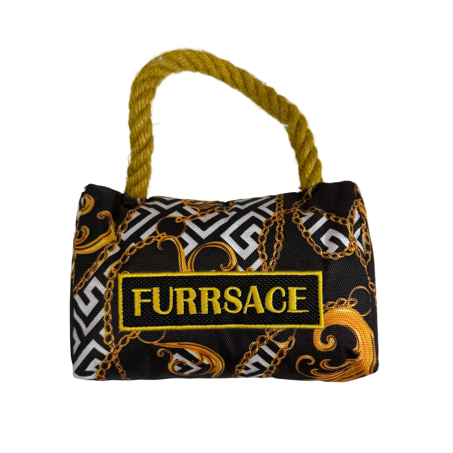Dog toy designed like a handbag with 'FURRSAGE' branding on a white background