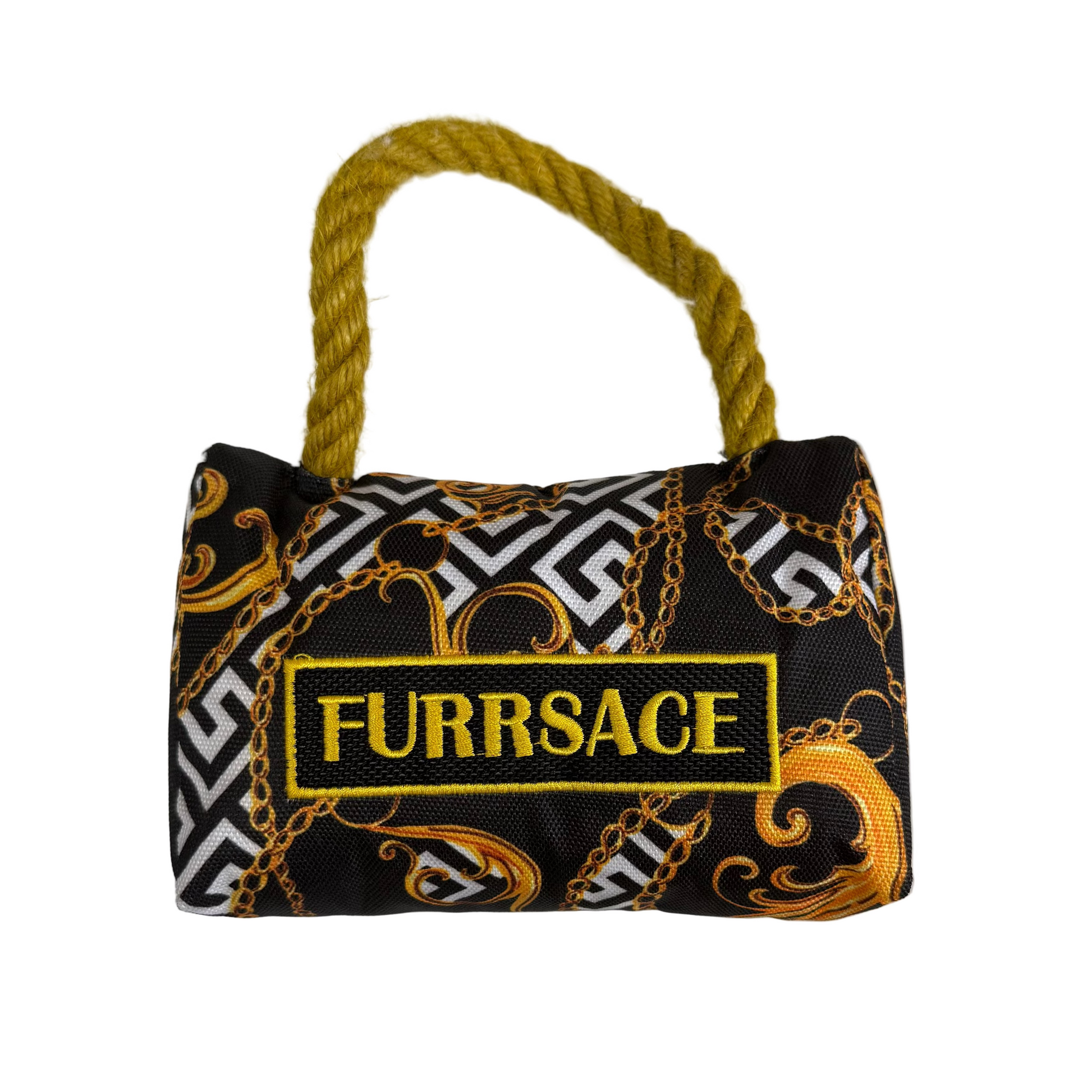 Dog toy designed like a handbag with 'FURRSAGE' branding on a white background