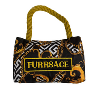 Dog toy designed like a handbag with 'FURRSAGE' branding on a white background