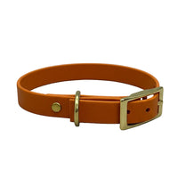 Orange leather dog collar with gold hardware on a beige surface