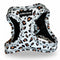 Leopard print dog harness with 'Uptown Hound' label on a light gray background
