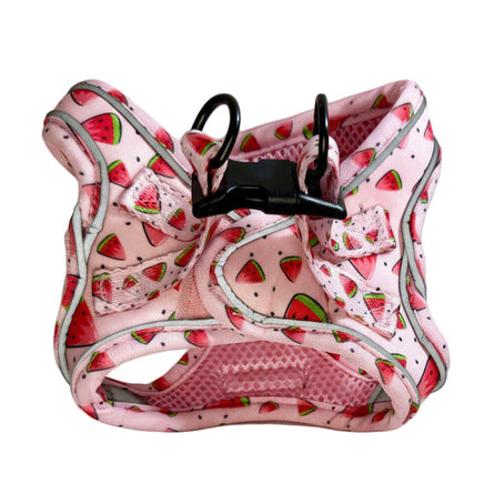 Pink dog harness with watermelon pattern on a white background
