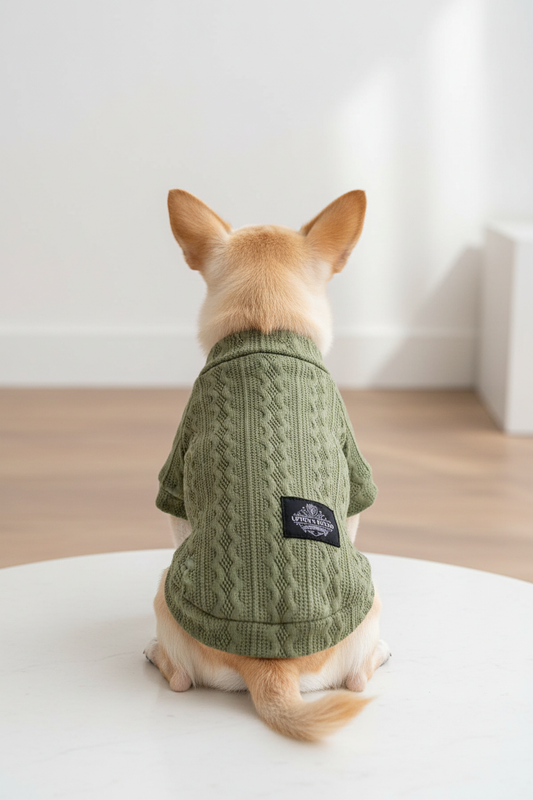 Blonde chihuahua wearing sage green textured tee - back view