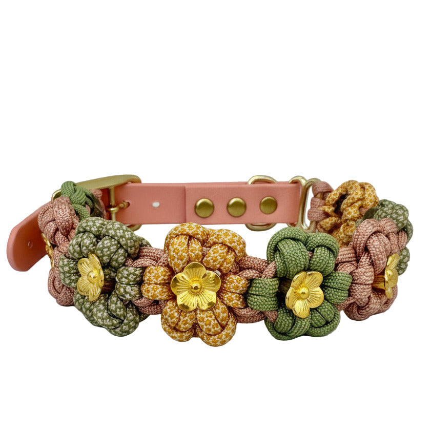 Dog collar with floral patterns on a light gray background