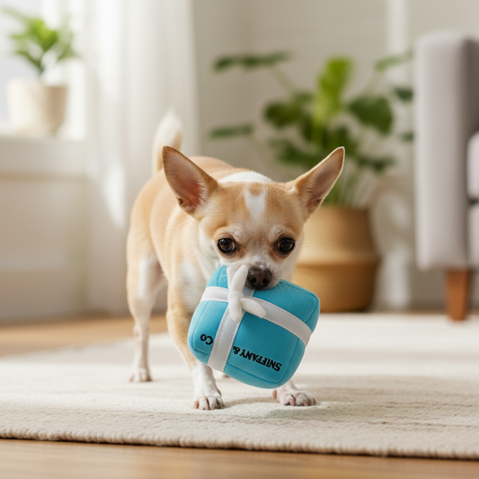 Chihuahua playing with Sniffany & Co toy