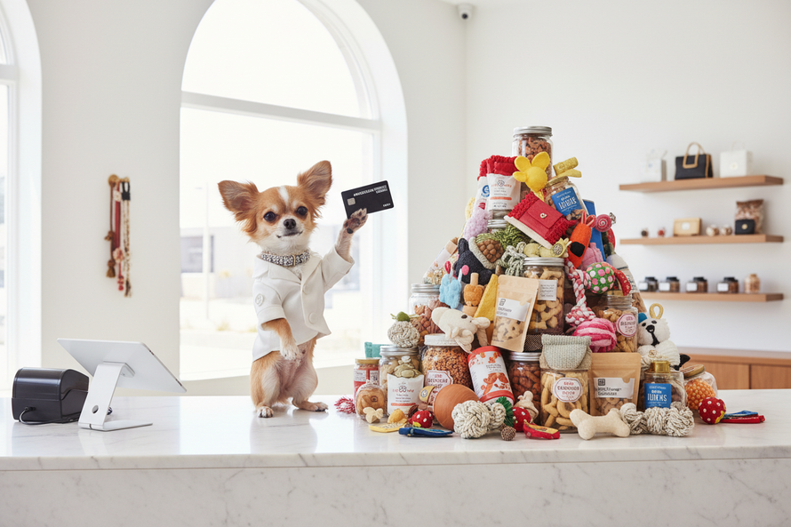 Chihuahua with Americanine Express card, pile of toys and treats, light background