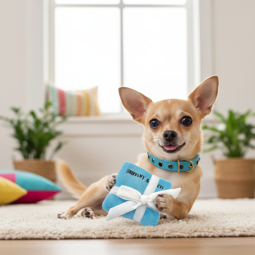 Chihuahua with turquoise collar playing with Sniffany & Co toy