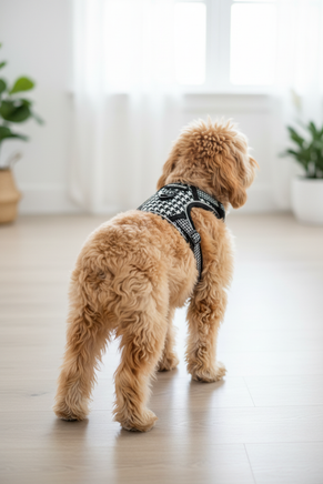Cockapoo in Houndstooth Harness - Back View