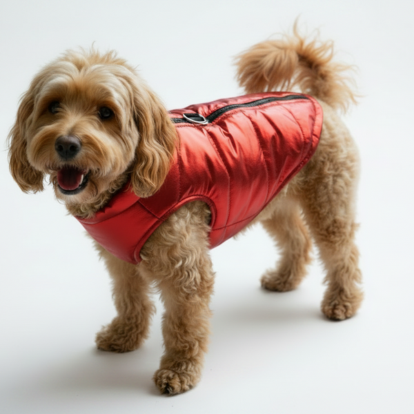 Cockapoo with tail in red vest on white background