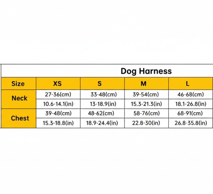 Dog Harness Size Chart