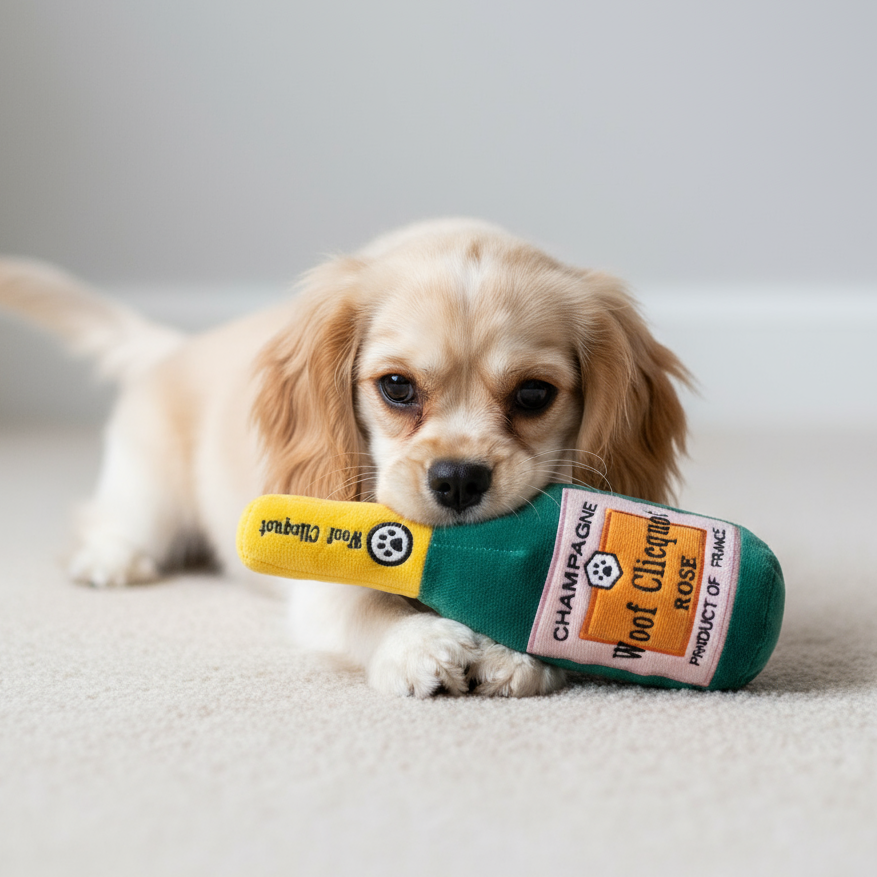 Dog playing with Woof Clicquot champagne toy