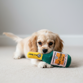 Dog playing with Woof Clicquot champagne toy