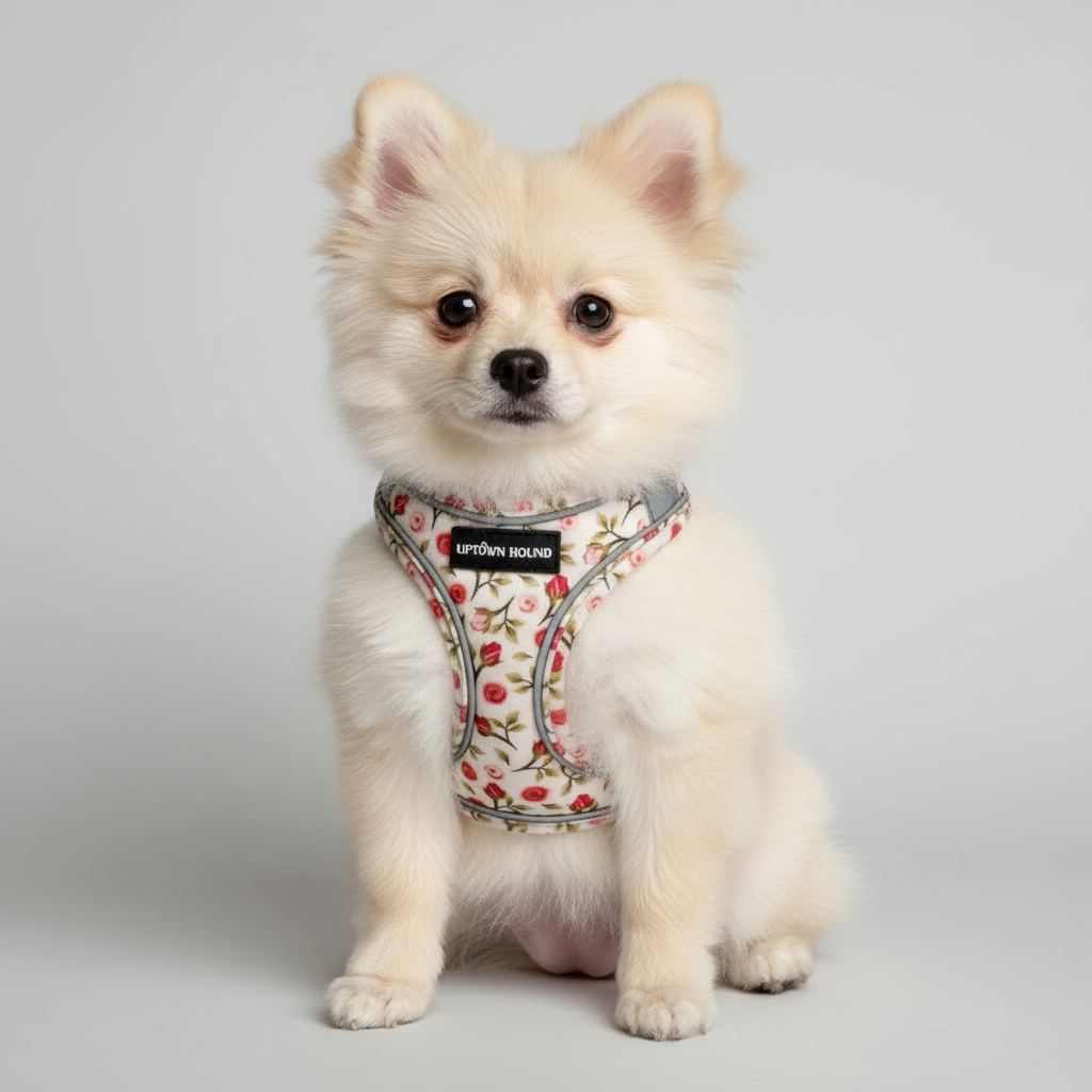 Dog wearing floral rose harness
