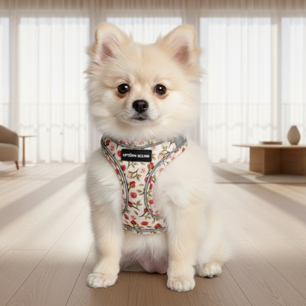 Dog wearing floral rose harness