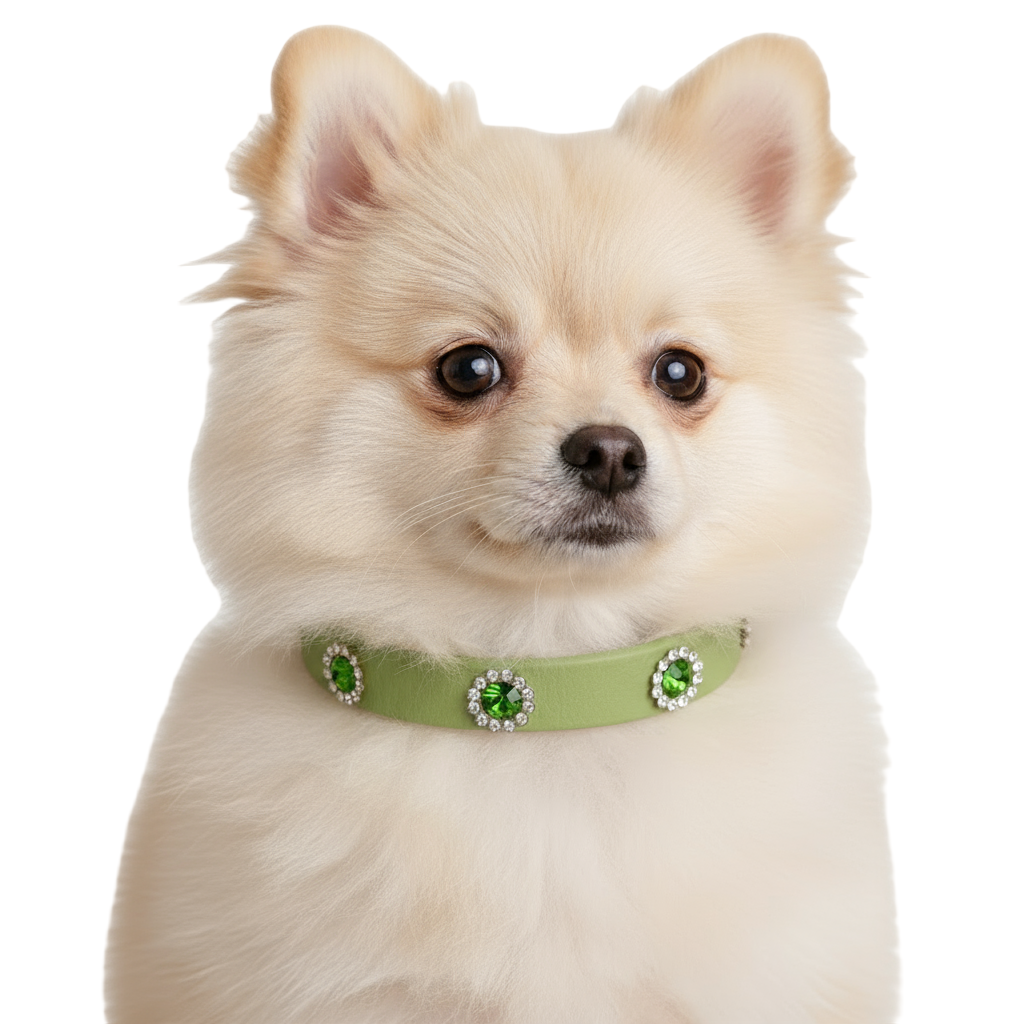 Dog wearing green jeweled collar