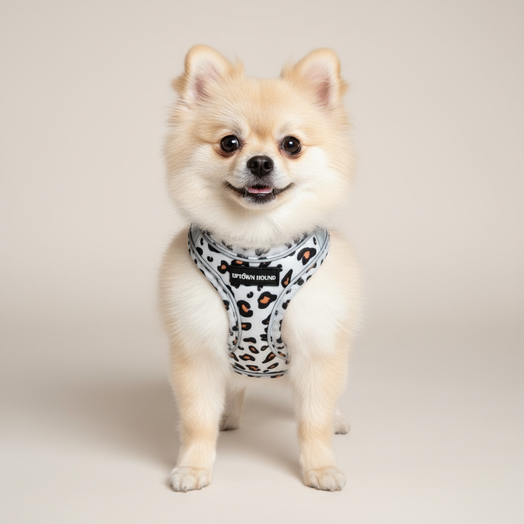 Dog wearing leopard print harness