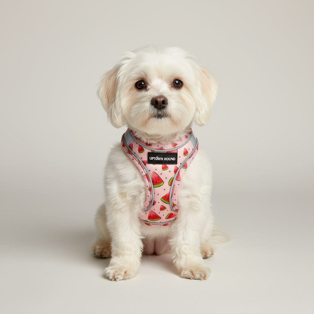 Dog wearing watermelon harness
