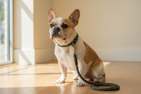 French bulldog wearing the olive-green collar and leash