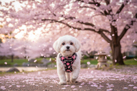 Maltese walking under cherry blossom tree wearing cherry blossom harness