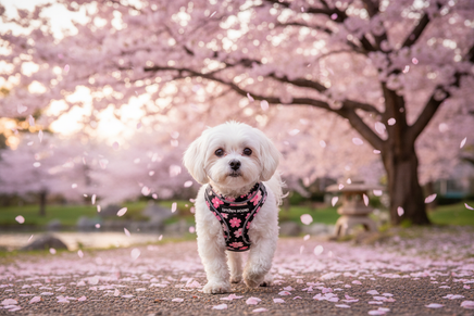 Maltese walking under cherry blossom tree wearing cherry blossom harness