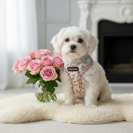 Maltese wearing rose harness with baby pink roses