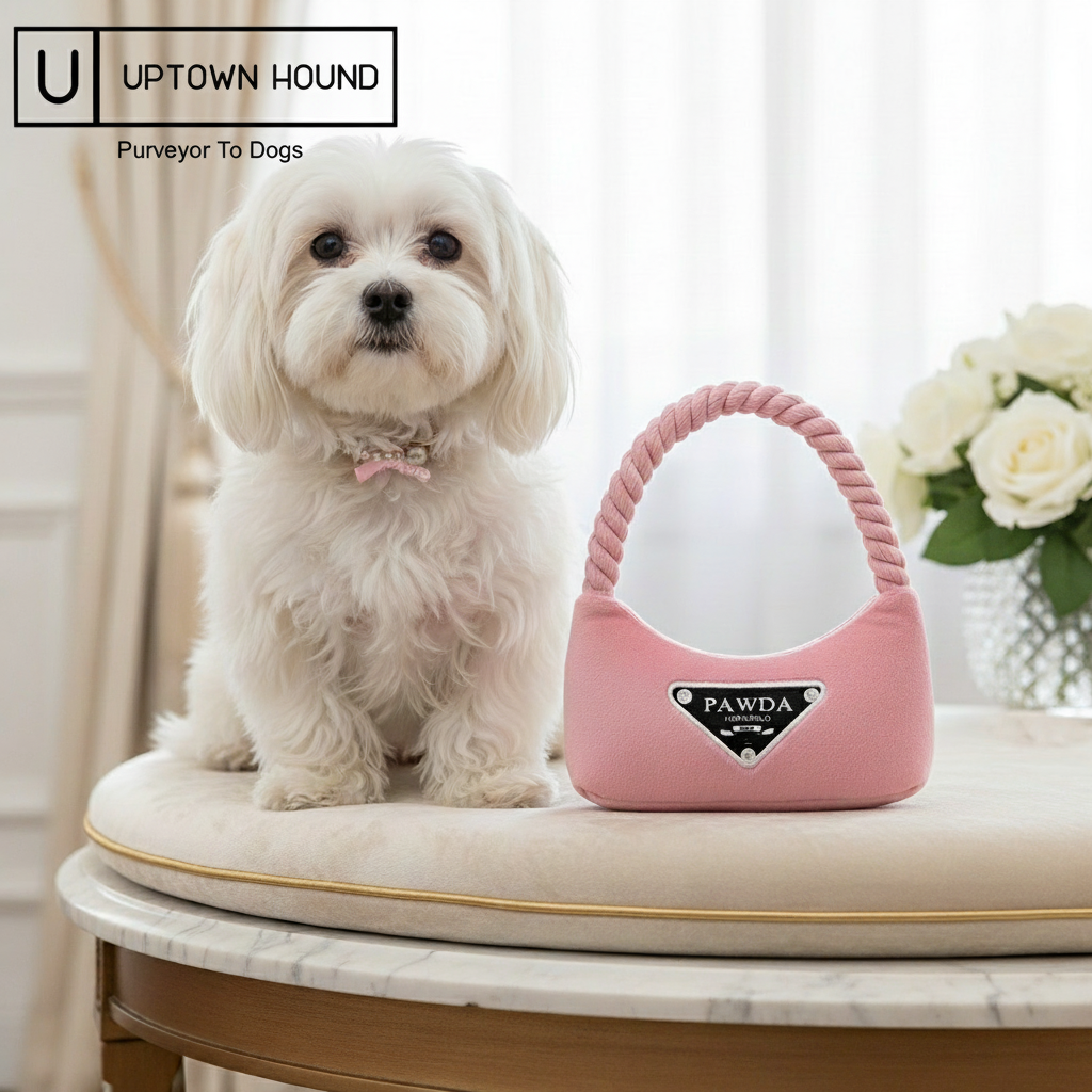 Maltese with PAWDA purse and Uptown Hound logo