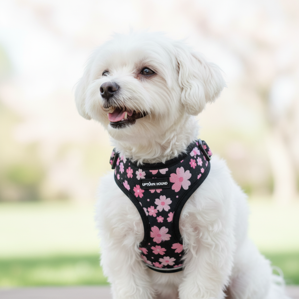 Pink floral harness ad with Maltese