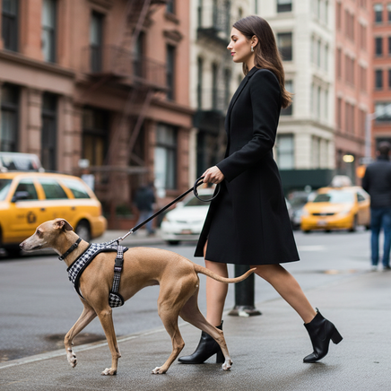 Side view of woman walking Italian Greyhound in houndstooth harness in NYC