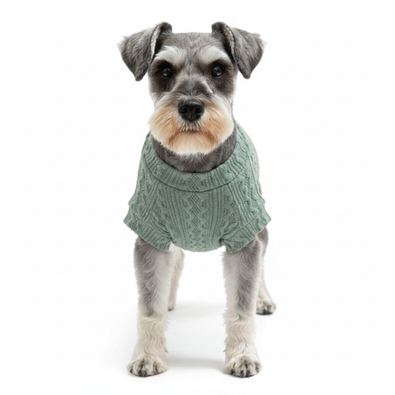 Silver Schnauzer front view in sage green cable-knit tee