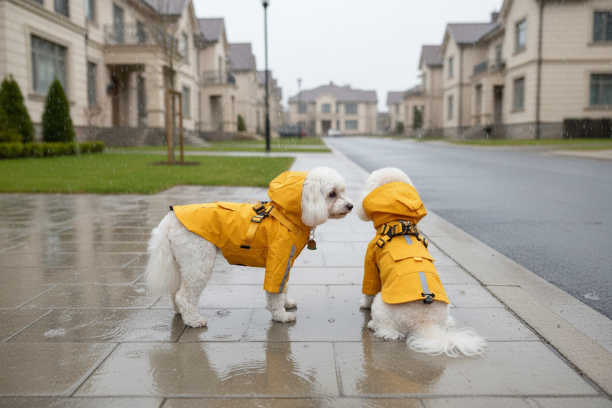 Standing and sitting dogs in matching yellow raincoats in an upscale neighborhood