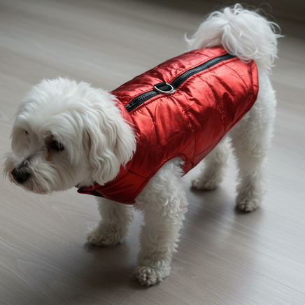White Maltepoo wearing metallic red vest harness - back view