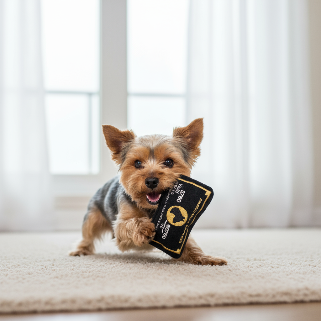 Yorkie playing with Americanine Express toy