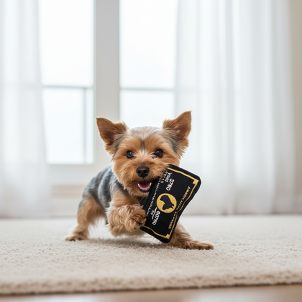 Yorkie playing with Americanine Express toy