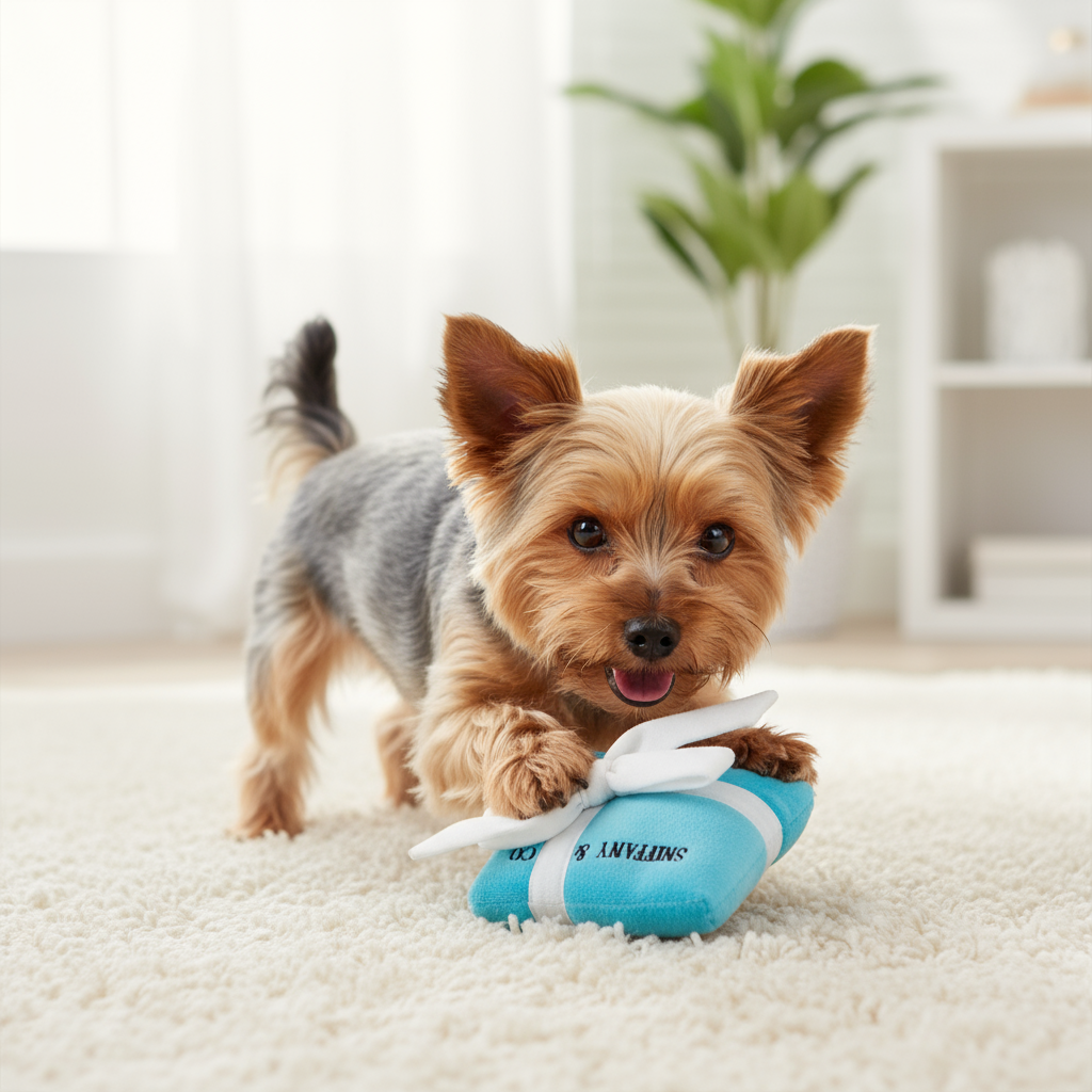 Yorkie playing with Sniffany & Co toy