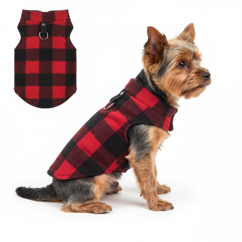 Yorkie Wearing Red & Black Plaid Vest with Vest in Background