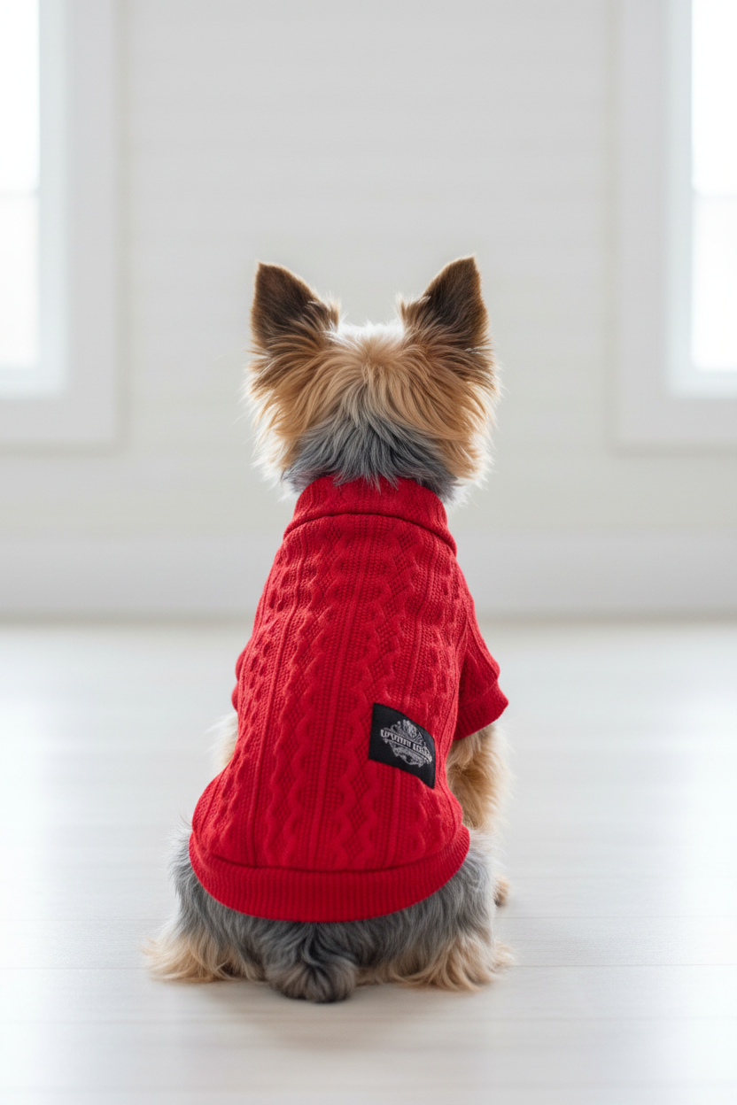 Yorkshire terrier wearing red textured tee - back view